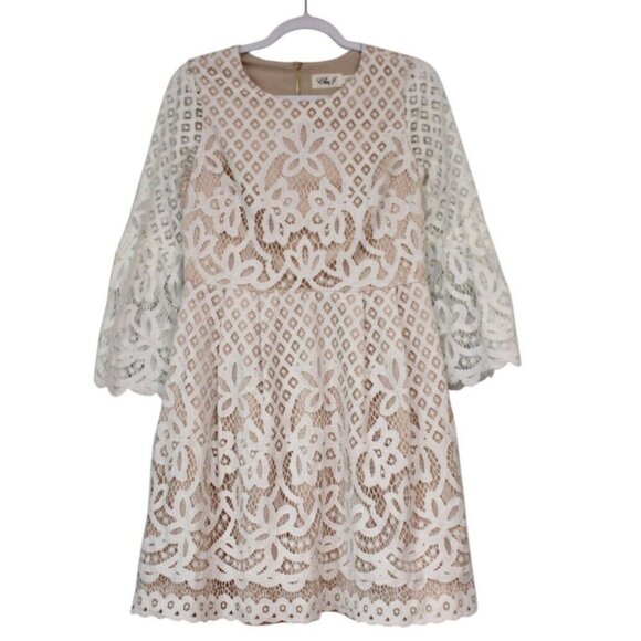 Eliza J Dress 8 Ivory Lace Bell Sleeve Pleated Formal Cocktail Wedding Bridal - Picture 1 of 16